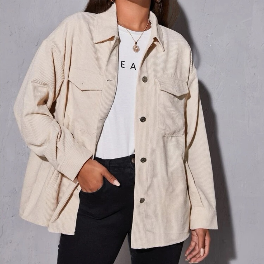SHEIN Beige Button-Up Corduroy Shacket